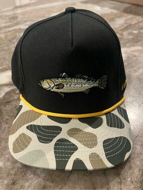 Black Fish Embroidered Snapback Hat with Camo Brim and Yellow Rope